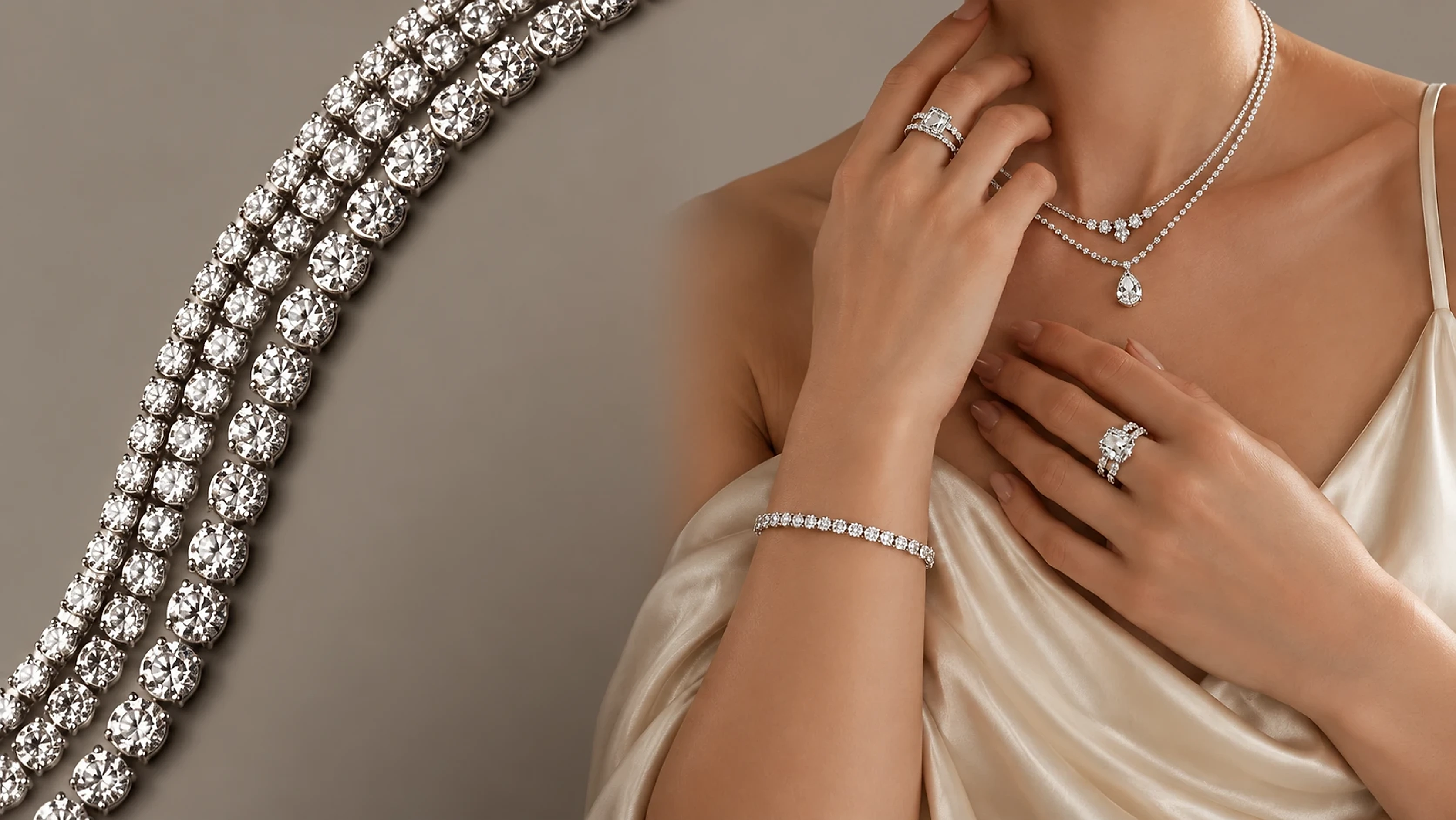 Diamond tennis bracelets, necklace and rings styled together