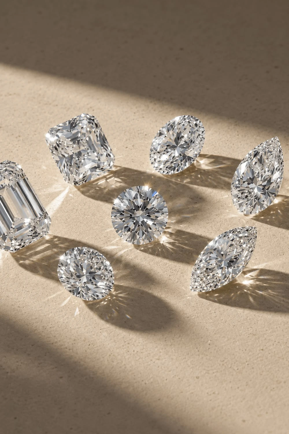 Loose round, oval, pear, marquise, radiant and emerald-cut diamonds on a sunlit stone surface