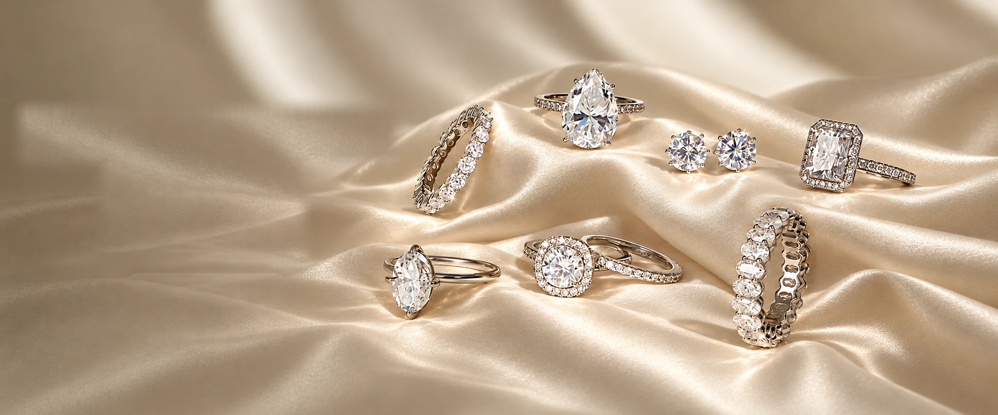 Diamond engagement rings, eternity bands and stud earrings resting on draped ivory satin