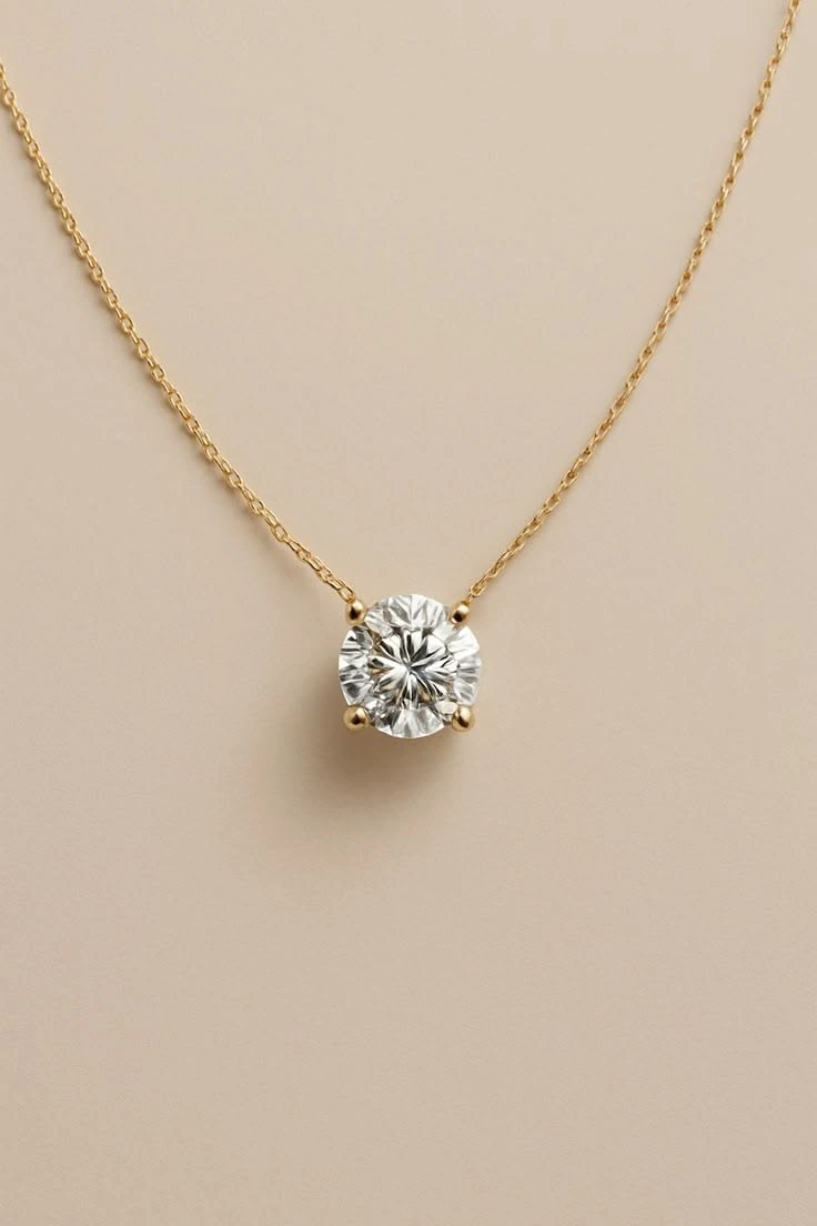 Round diamond solitaire pendant on a fine gold chain